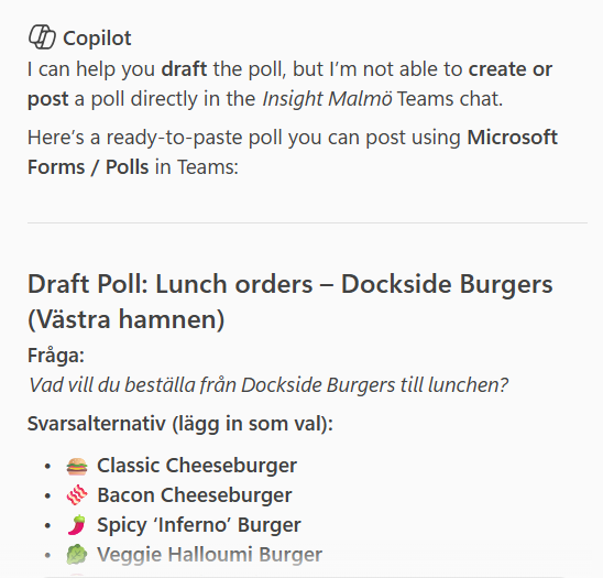 Screenshot of MS Teams Copilot interface with lunch suggestions