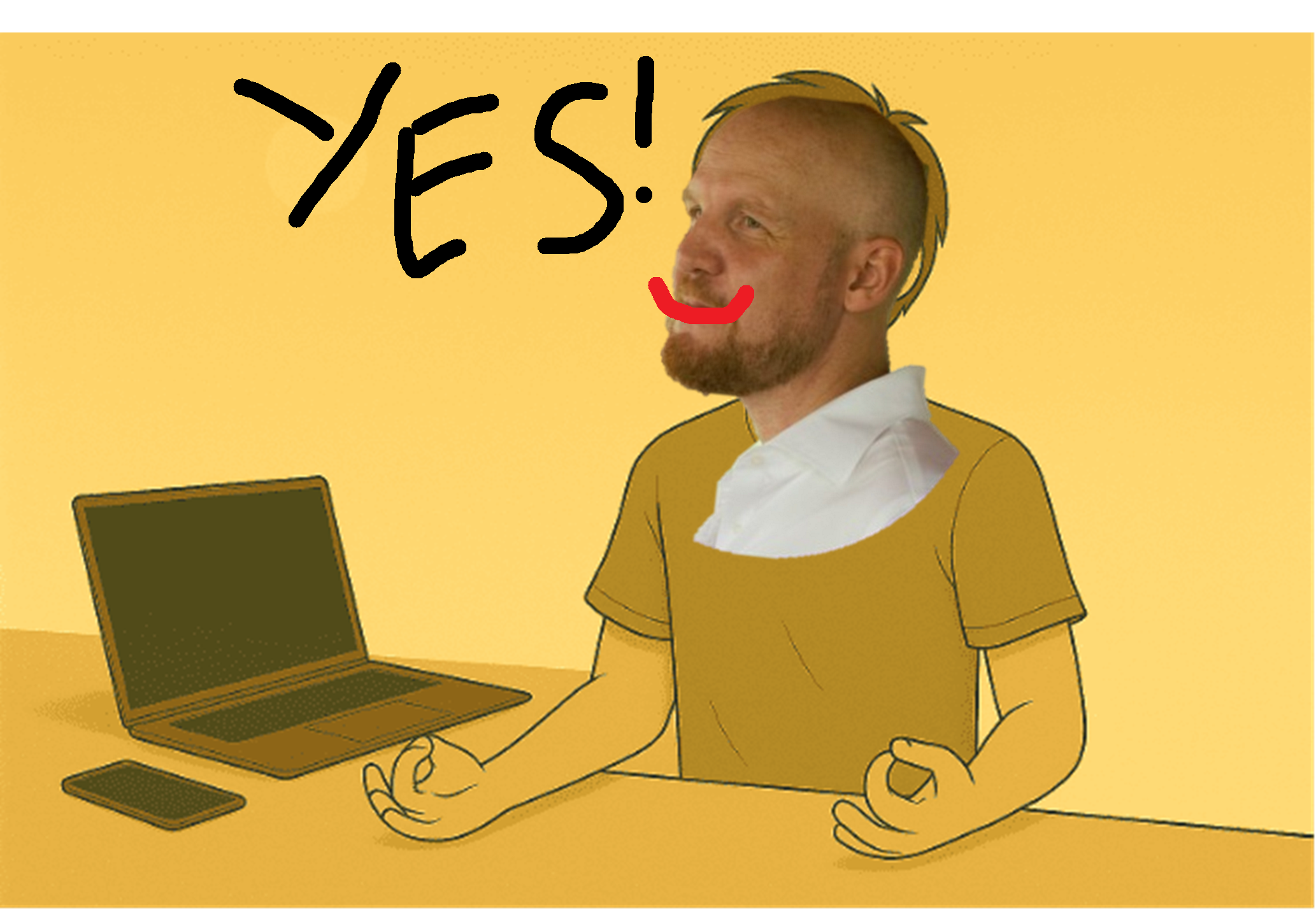 Person meditating at desk with laptop smiling