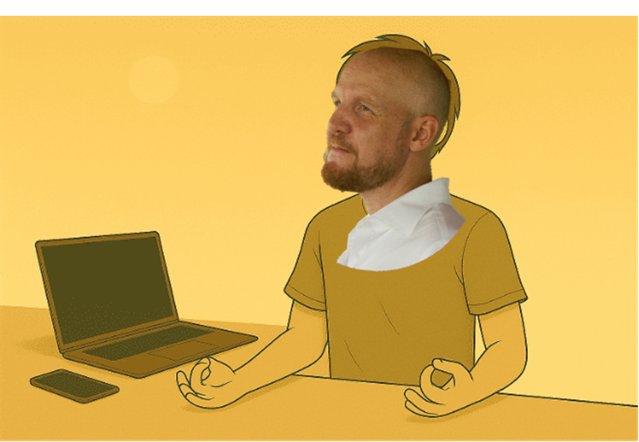 Person meditating at desk with laptop