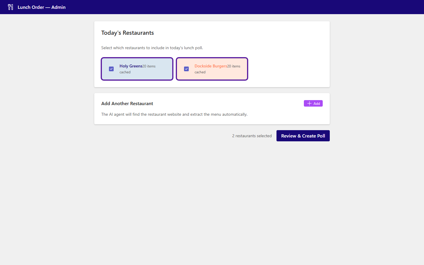 Admin panel showing cached restaurants
