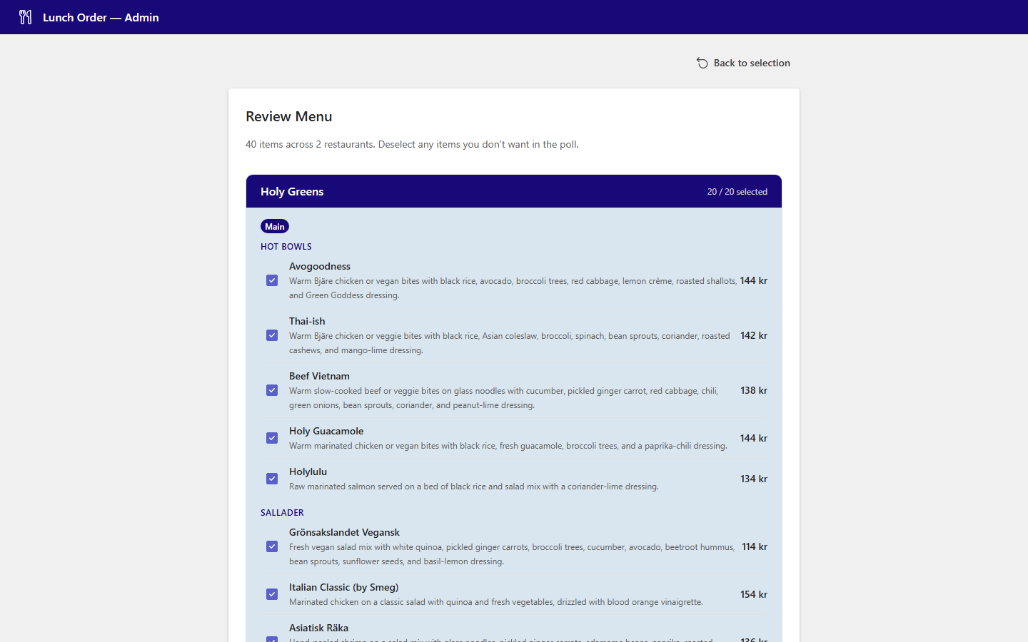 Menu review page