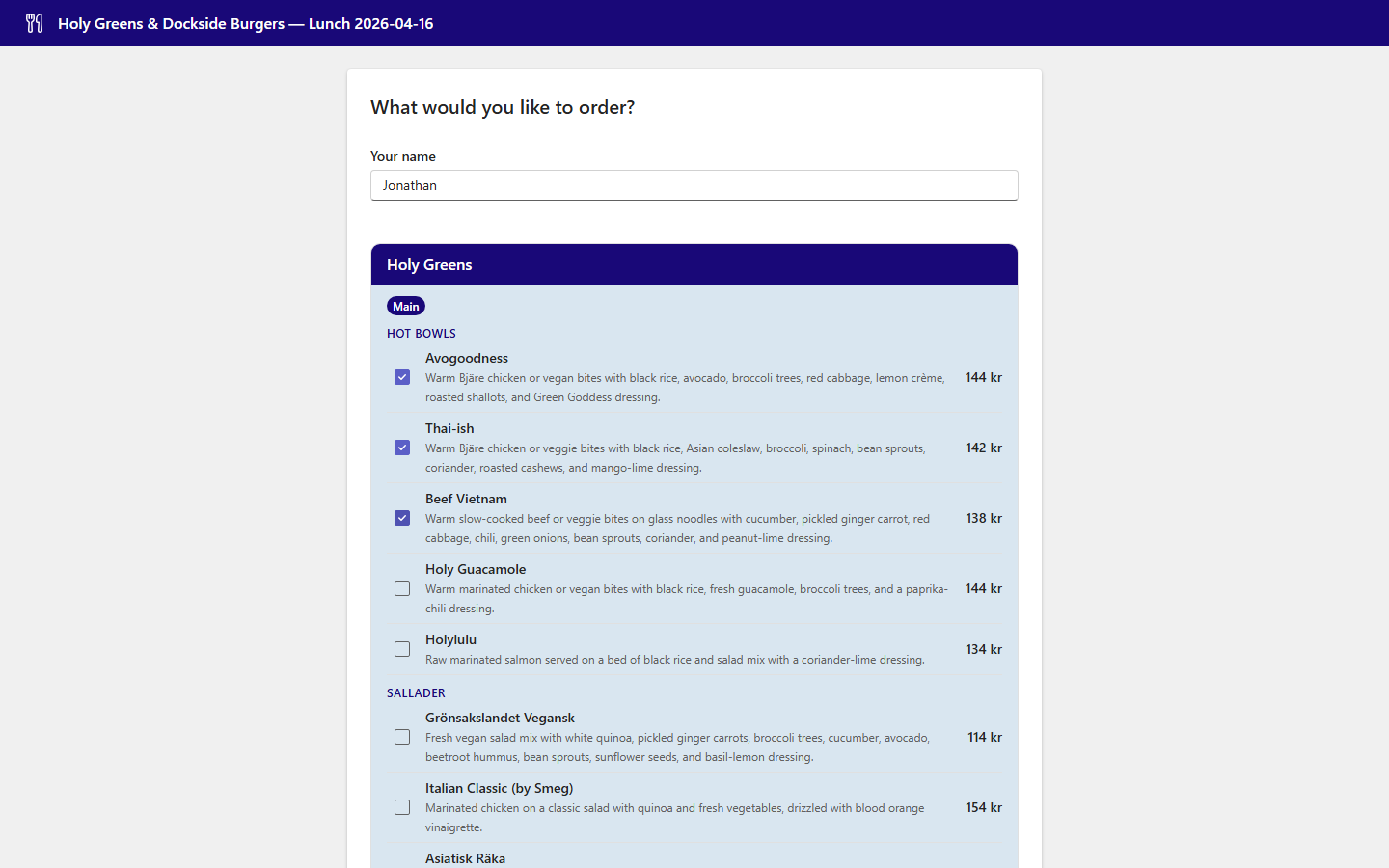 Order selection with items checked