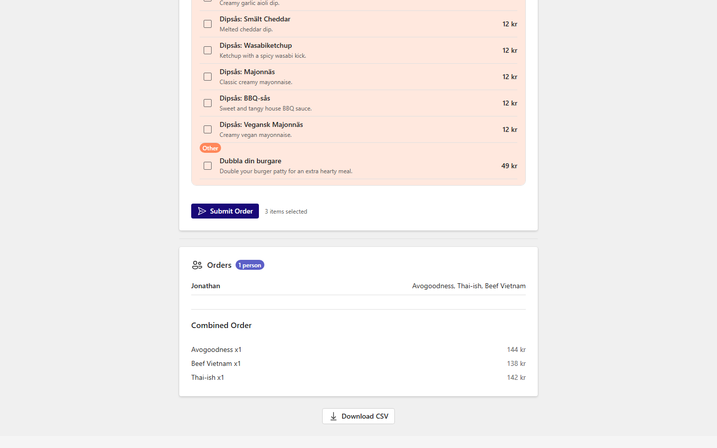 Live order list showing submitted orders